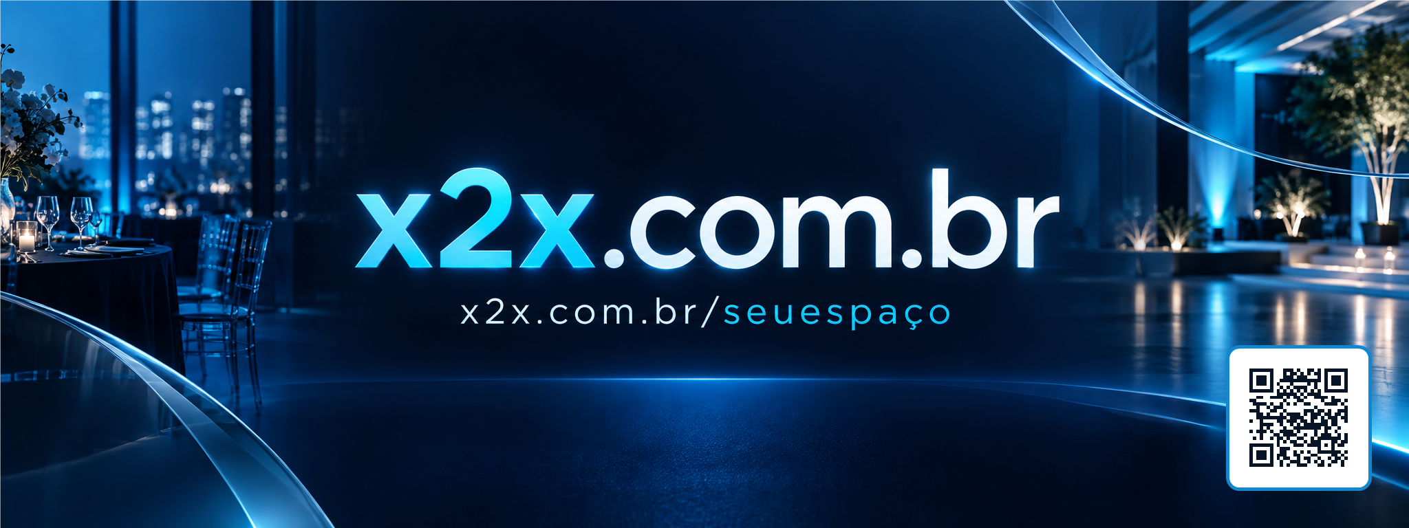 Faixa X2X com os endereços x2x.com.br e x2x.com.br/seuespaço e QR Code para acessar o site
